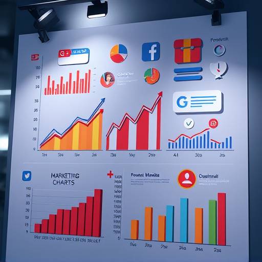 Digital Marketing course image featuring marketing charts and social media icons.